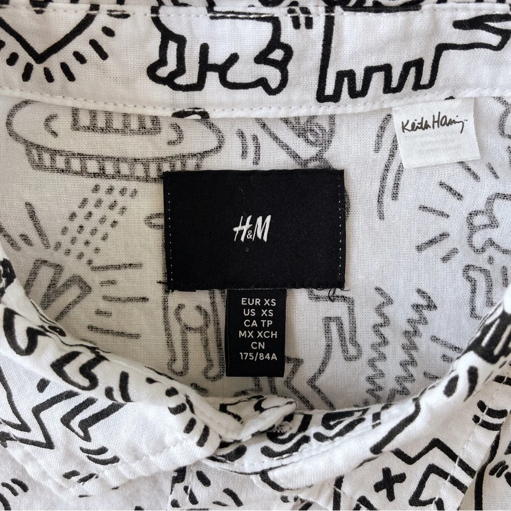 Keith Haring x HM printed white & black short sleeve button down shirt cotton - Picture 7 of 8